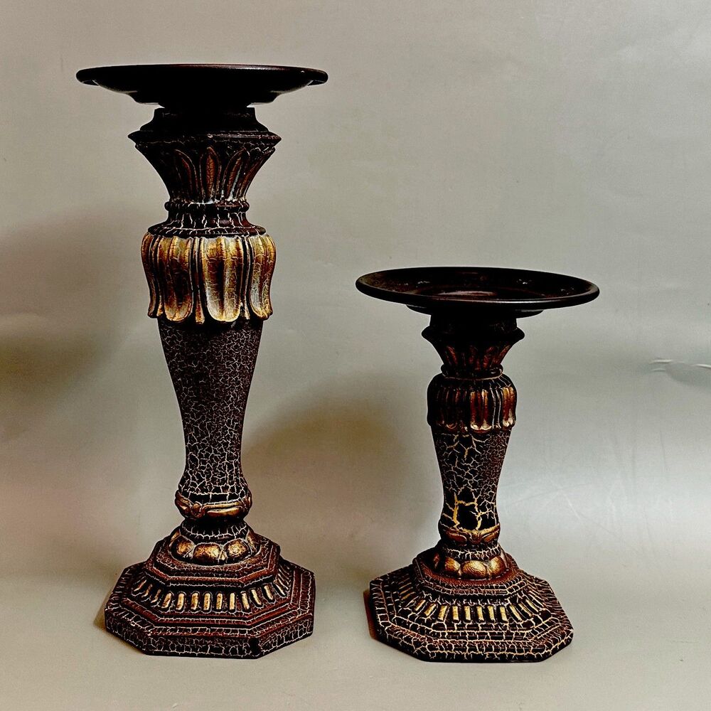 Pillar Candle Holders Set 2 Ornate Resin Eclectic Classic Asian Decor Brown Gold